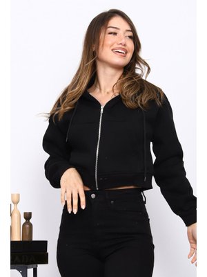 İmaj Butik Siyah Kısa Kanguru Cepli Fermuarlı Üç İplik Sweat Hırka