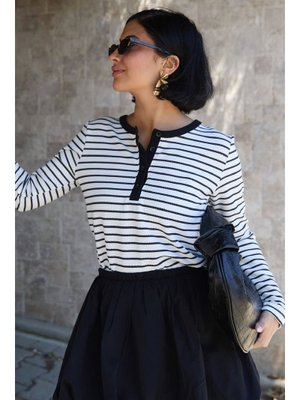 InStyle Çizgili Waffle Beyaz Bluz