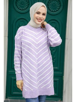 Neva Style Çizgili Lila Triko Kazak 81861lıla