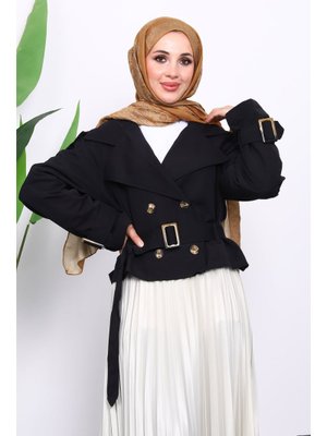 İmaj Butik Siyah Kruvaze Yaka Kemerli Kısa Trençkot