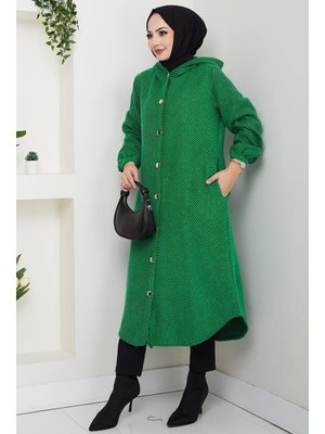 Bestenur Yeşil Çizgi Detay Kapüşonlu Kaşe Kap