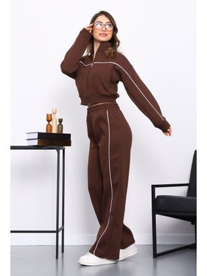 İmaj Butik Kahverengi Üç İplik Sweat Hırka Pantolonlu Takım