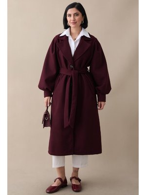 InStyle Kruvaze Balon Kol Kuşaklı Astarsız Mürdüm Kaşe Kaban