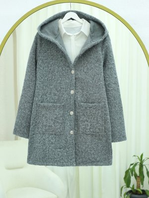 Podyumplus Gri Kapüşonlu Düğmeli Cepli Sakallı Kap