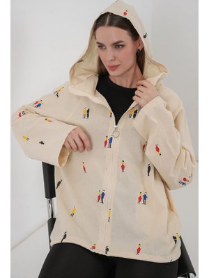 Bigdart Ekru Kapüşonlu Desenli Keten Ceket