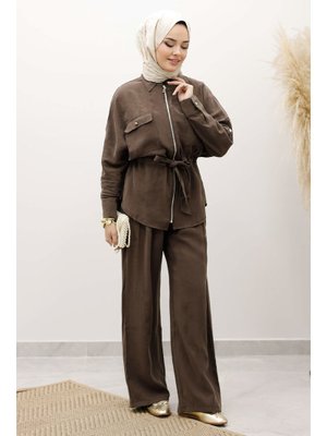 Tesettür Dünyası Kahverengi Beli Büzgülü Fermuarlı İkili Takım