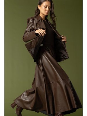 Olcay Parçalı Kloş Deri Etek Kahve