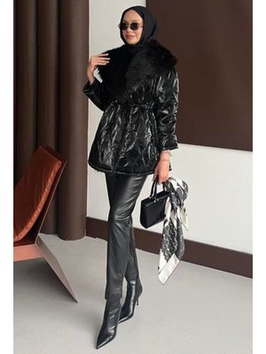 Podyumplus Siyah Kürk Yakalı Mont