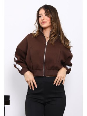İmaj Butik Kahverengi Fermuarlı Üç İplik Sweat Hırka