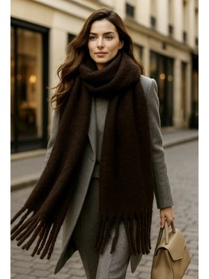 Remsa Kahverengi Püskül Detay Atkı Omuz Şalı 40x200 Cm 1295