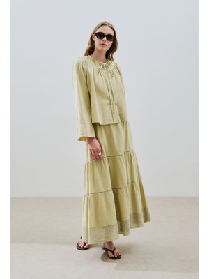 MANUKA Soft Yeşil Dokulu İşlemeli Katlı Uzun Etek