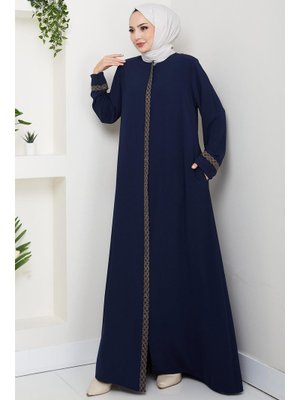 Hafsa Mina Lacivert Çiçek Nakışlı Büyük Beden Ferace