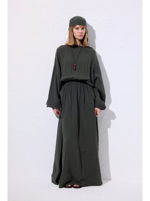 MANUKA Yeşil Müslin Beli Büzgülü Elbise Koyu