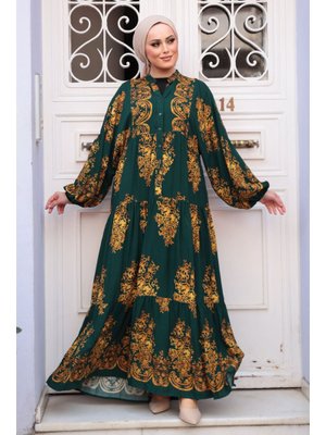 Neva Style Desenli Zümrüt Yeşili Elbise 3035zy
