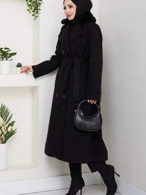 Pamuk Butik Kürk Detaylı Kruvaze Yaka Kuşaklı Kaşe Kaban