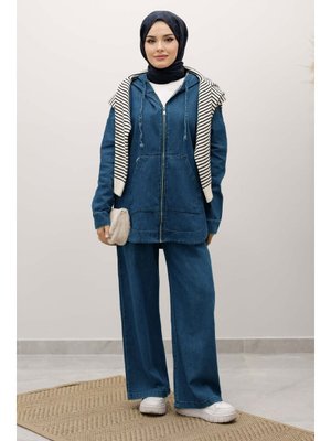 Tesettür Dünyası Açık Mavi Fermuarlı Kapüşonlu Kot Takım