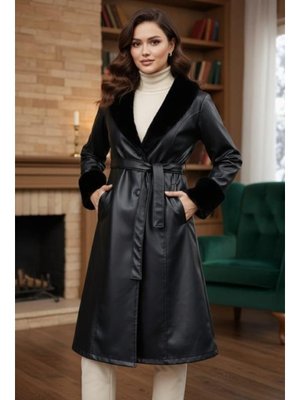 Harmatime butik Yakası Tüylü Kuşaklı İçi Astarlı Deri Siyah Trençkot