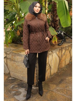 İmaj Butik Kahverengi Yaka Kürklü Kapitone Mont