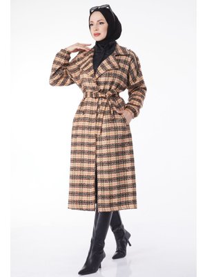 Tofisa Kahve Kruvaze Yaka Kuşaklı Kaşe Kaban