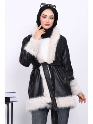 İmaj Butik Siyah Kürk Detaylı Kuşaklı Deri Trenç Ceket