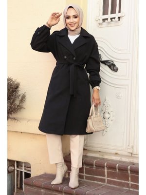 Neva Style Kemerli Siyah Kaşe Kaban 61102s