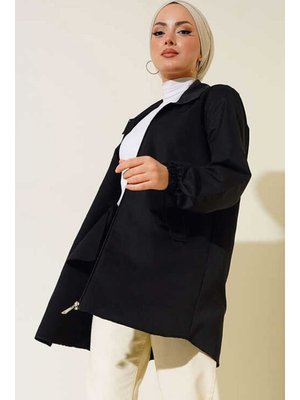 Bigdart Siyah Cep Kapaklı Kısa Trençkot