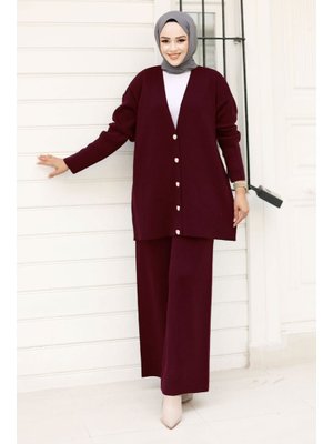 Tesettür Dünyası Bordo Düğmesi Taşlı Triko Hırka Takım