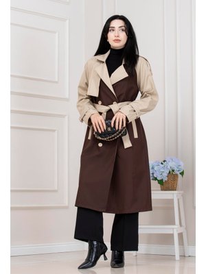 Sevitli Kahverengi İki Renk Cepken Detaylı Trençkot