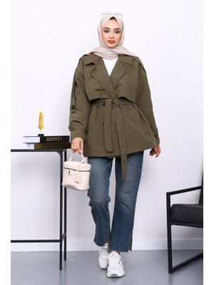 İmaj Butik Haki Kravuze Yaka Düğmeli Kısa Trençkot