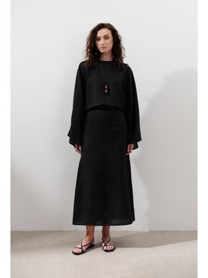 MANUKA Siyah Keten Geniş Bağlamalı Elbise