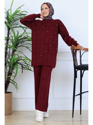 Benguen Bordo Taşlı Triko Takım