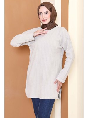 Tofisa Bej İnterlok Yırtmaçlı Tunik