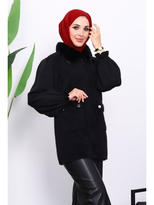 İmaj Butik Siyah Yaka Kürklü Cepli Triko Yelek