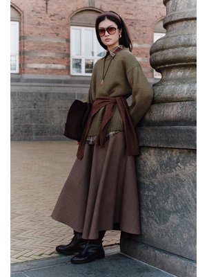 MANUKA Bordo Ekose Desenli Geniş Etek