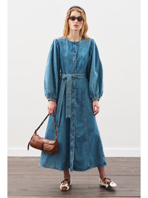 MANUKA Mavi Geniş Kollu Denim Elbise