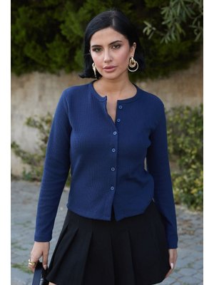 InStyle Basic Düğmeli Lacivert Waffle Hırka