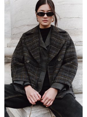 MANUKA Antrasit Ekose Desenli Kaşe Yünlü Kaban