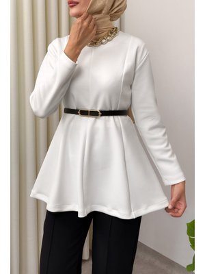 Salih Çelebi Beyaz Kemerli Peplum Bluz