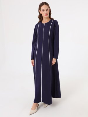 Benin Lacivert Yumuşak Dokulu Kontras Biye Detaylı Elbise