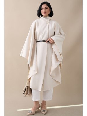 InStyle Kemerli Kaşe Krem Uzun Panço