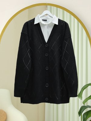 Podyumplus Siyah Ajurlu Baklava Desenli Triko Hırka