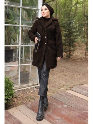 Hafsa Mina Kahverengi Kruvaze Yaka Peluş Mont