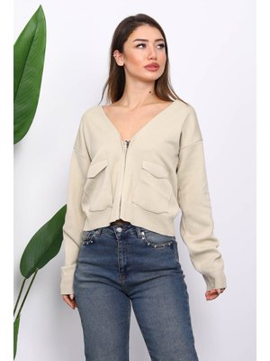 İmaj Butik Bej Çift Cepli Fermuarlı Triko Hırka