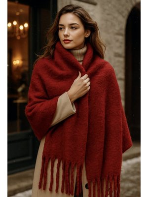 Remsa Bordo Püskül Detay Atkı Omuz Şalı 40x200 Cm 1295