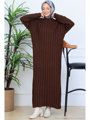 Benguen Kahverengi Örgü Desenli Triko Elbise
