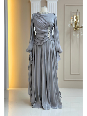 Amine Hüma Gri Bade Abiye Elbise