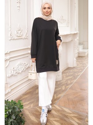 İmaj Butik Siyah Bisiklet Yaka Armalı Tunik