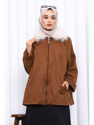 İmaj Butik Kahverengi Yaka Kürk Detaylı Süet Ceket
