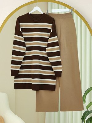 Podyumplus Vizon Yuvarlak Yaka Renkli Çizgili Salaş Triko Takım