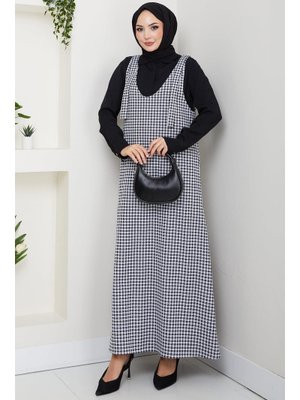 Hafsa Mina Siyah Kaz Ayağı Desen Jile Elbise